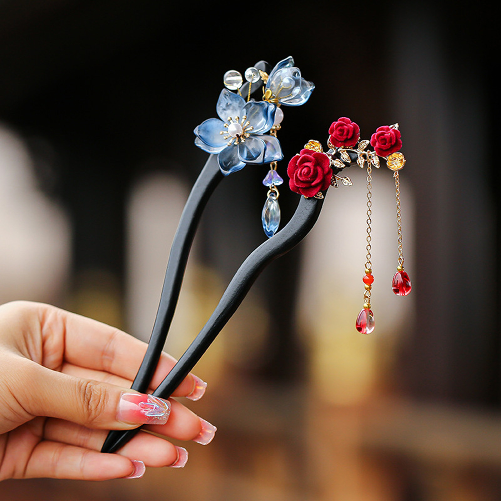 Supply Florist - Chinesischer Stil Blumen-Quasten-Haarnadel Vintage Holz-Blumen-Perlen-Haarstab Exquisite
